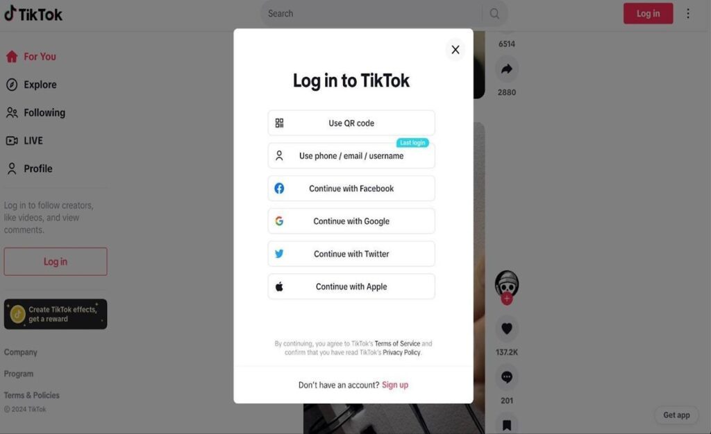 TikTok belépés