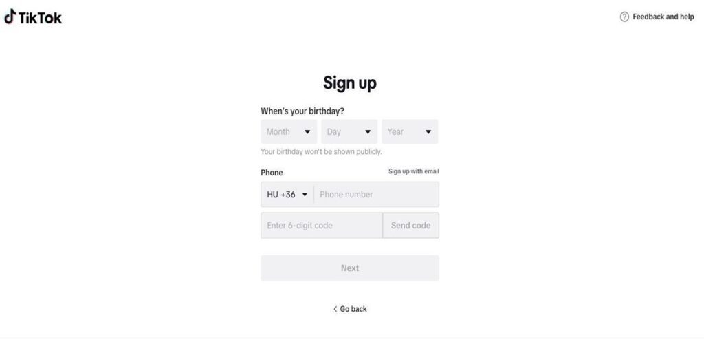 TikTok regisztráció - felhasználói adatok megadása