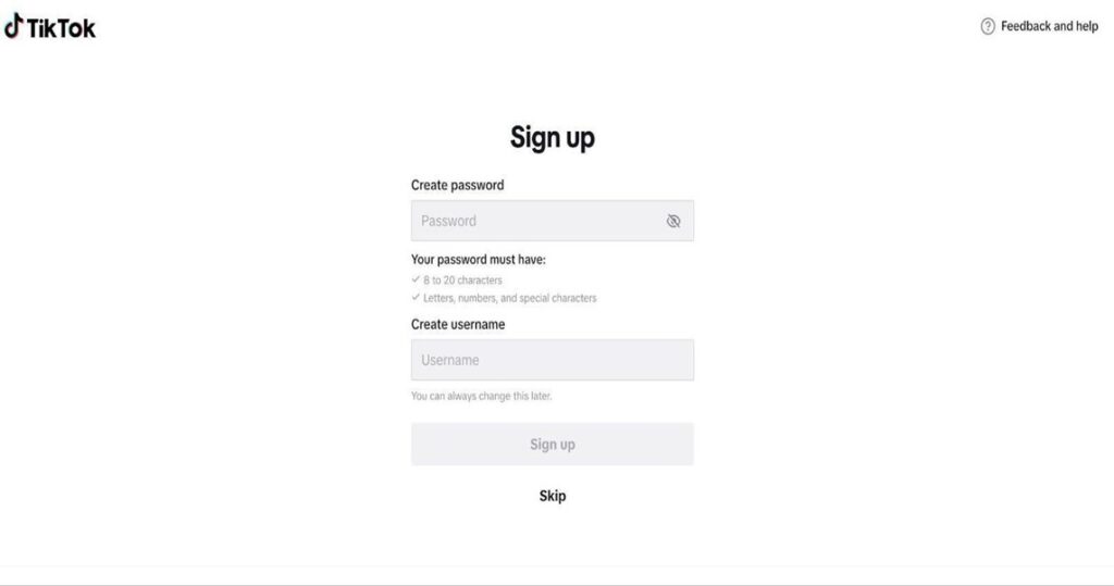 TikTok regisztráció - jelszó és felhasználónév megadása