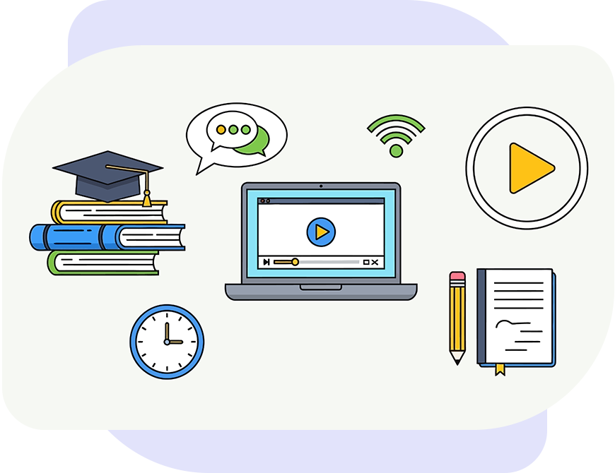 Illusztráció egyedi e-learning tananyagokról: könyvek, laptopos videós oktatás, online tanulás, kommunikáció, jegyzetelés és időbeosztás ikonokkal.